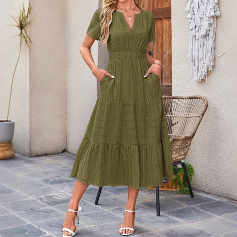 👗Dámske ľahké šaty s krátkym rukávom, výstrihom do V a elastickým pásom
