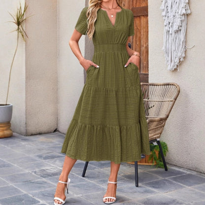 👗Dámske ľahké šaty s krátkym rukávom, výstrihom do V a elastickým pásom