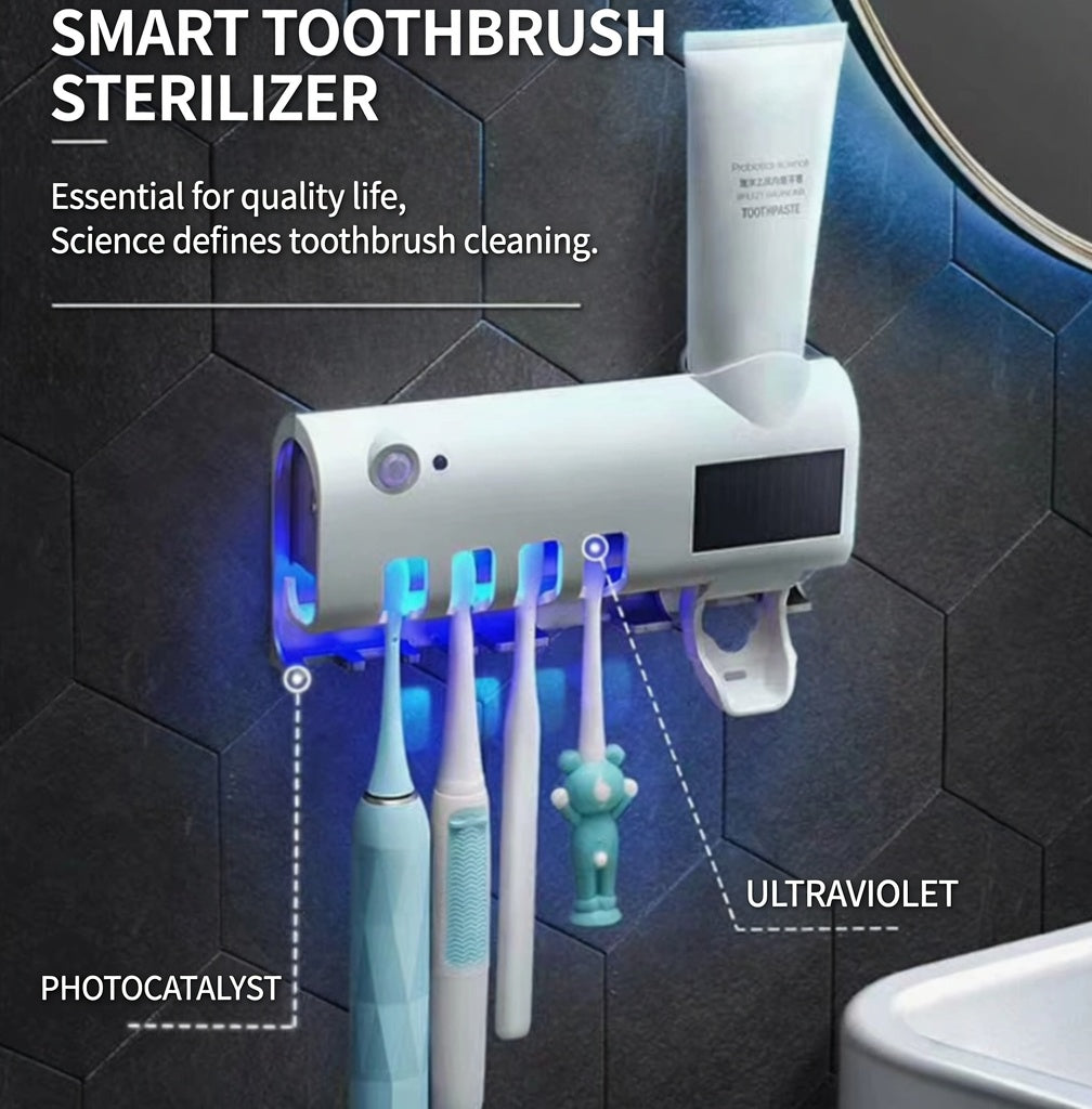 🦷Inteligentný sterilizátor zubných kefiek 4 v 1 | UV antibakteriálny senzor, automatické dávkovanie zubnej pasty, nástenný úložný priestor ✨