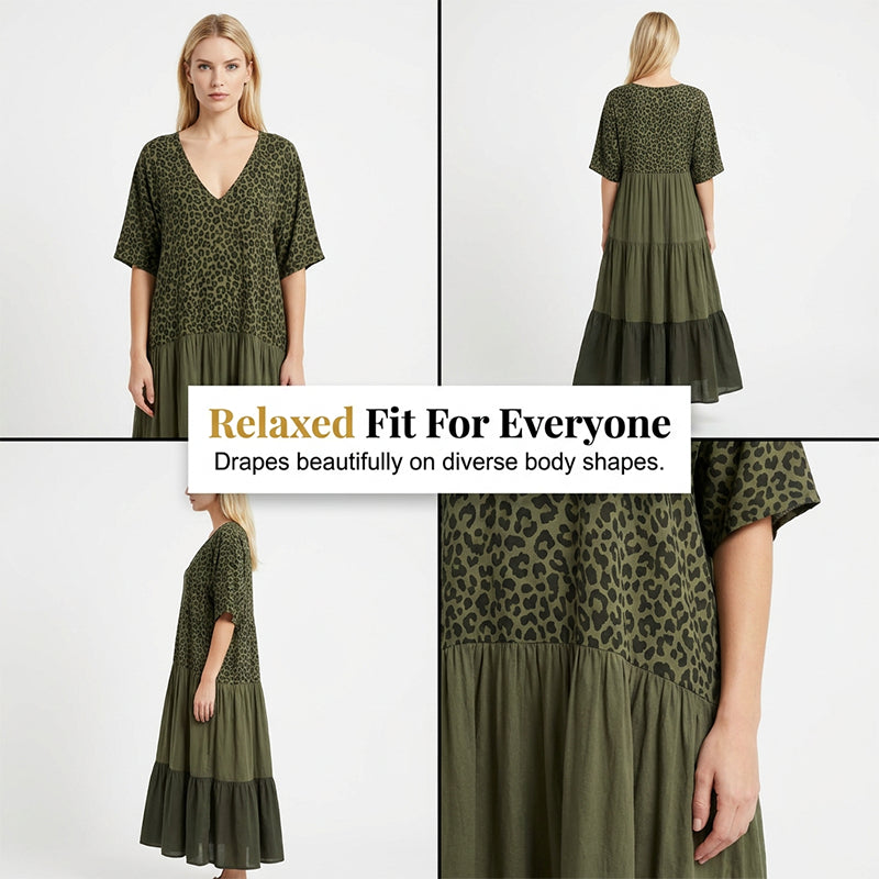 🌿Bohemian Tiered Maxi Dress 🐆 Leopard Splicing V-Neck Holiday Dress