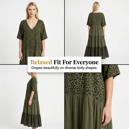 🌿Bohemian Tiered Maxi Dress 🐆 Leopard Splicing V-Neck Holiday Dress