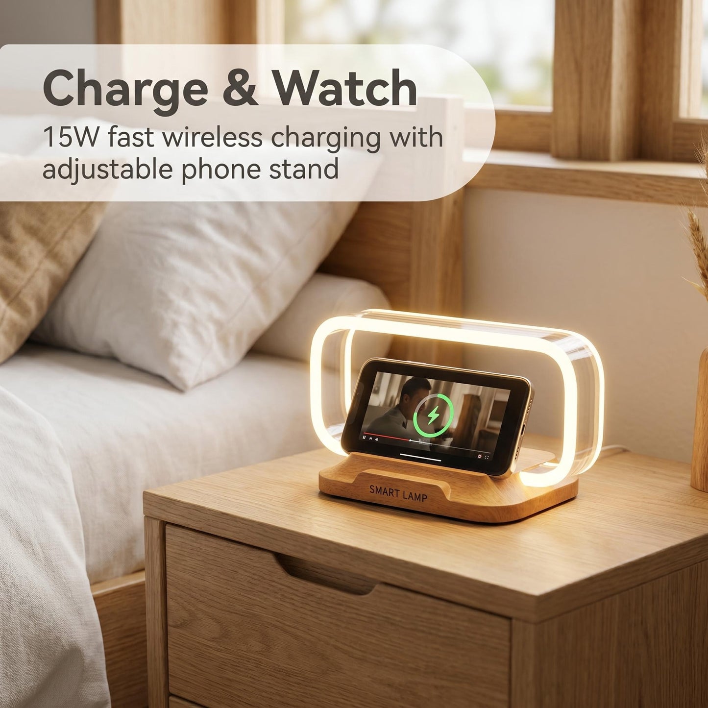 📱Hlasom ovládaná 4-v-1 lampa｜15W bezdrôtové nabíjanie, okolité svetlo pri posteli, ktoré chráni oči🛏️✨