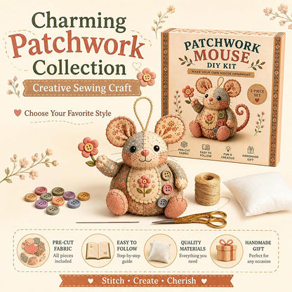 🐭🧵 Sada na patchworkovú myšku - šijacia sada pre začiatočníkov - kreatívna dekoratívna ozdoba