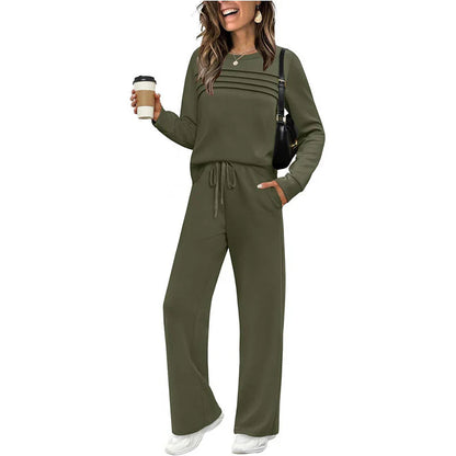 🔥Tvoj nový obľúbený outfit! 👗✨ Dámska súprava s blúzou s okrúhlym výstrihom a nohavicami so šnúrkou 🛋️☕