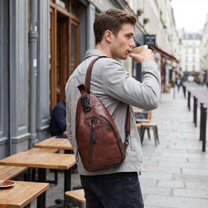 👨Pánska náprsná taška z umelej kože｜Viacvrstvové vrecká proti krádeži, crossbody/ledvná taška s tromi možnosťami nosenia pre pohodlné cestovanie✨