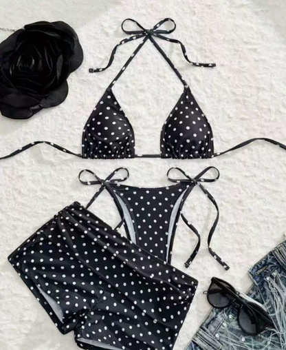 🎀Retro bodkovaná trojdielna plavky｜Nastaviteľný ramienok okolo krku, vysoký pás pre zvýraznenie kriviek🌊