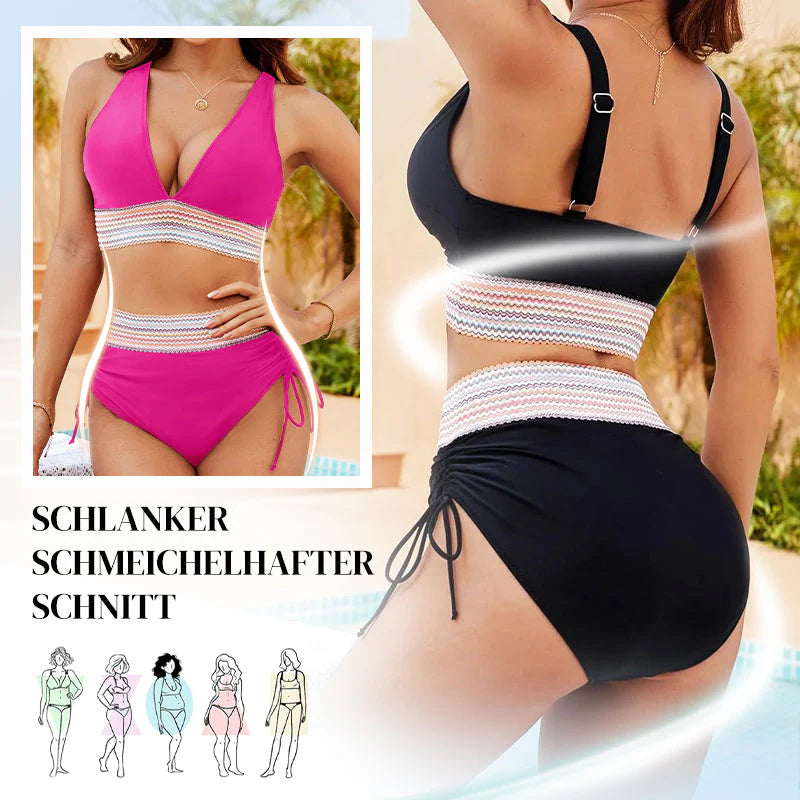 👙Vysoké bikiny s kontrolou brucha a farebným blokovým dizajnom👙