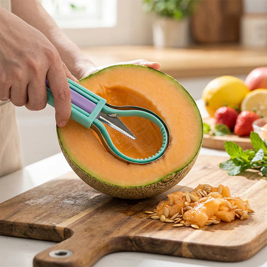 🍉 Posuňte prípravu ovocia na novú úroveň – multifunkčná sada 3 v 1 s lyžičkou na melón a vyrezávacím nožom! ✨