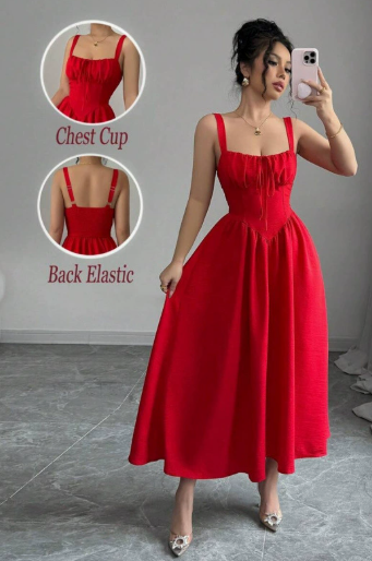 ✨Časovo obmedzená zľava 50%👗 Midi šaty s hranatým výstrihom a skladaným strihom, vysoký pás a zoštíhľujúca áčková sukňa