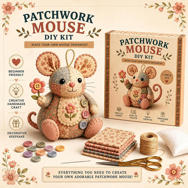 🐭🧵 Sada na patchworkovú myšku - šijacia sada pre začiatočníkov - kreatívna dekoratívna ozdoba
