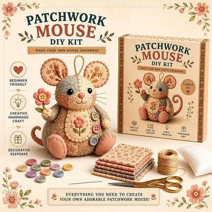 🐭🧵 Sada na patchworkovú myšku - šijacia sada pre začiatočníkov - kreatívna dekoratívna ozdoba