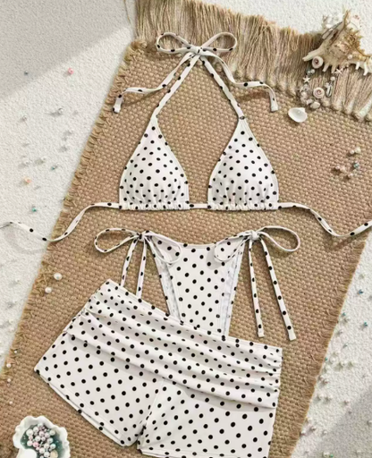 🎀Retro bodkovaná trojdielna plavky｜Nastaviteľný ramienok okolo krku, vysoký pás pre zvýraznenie kriviek🌊