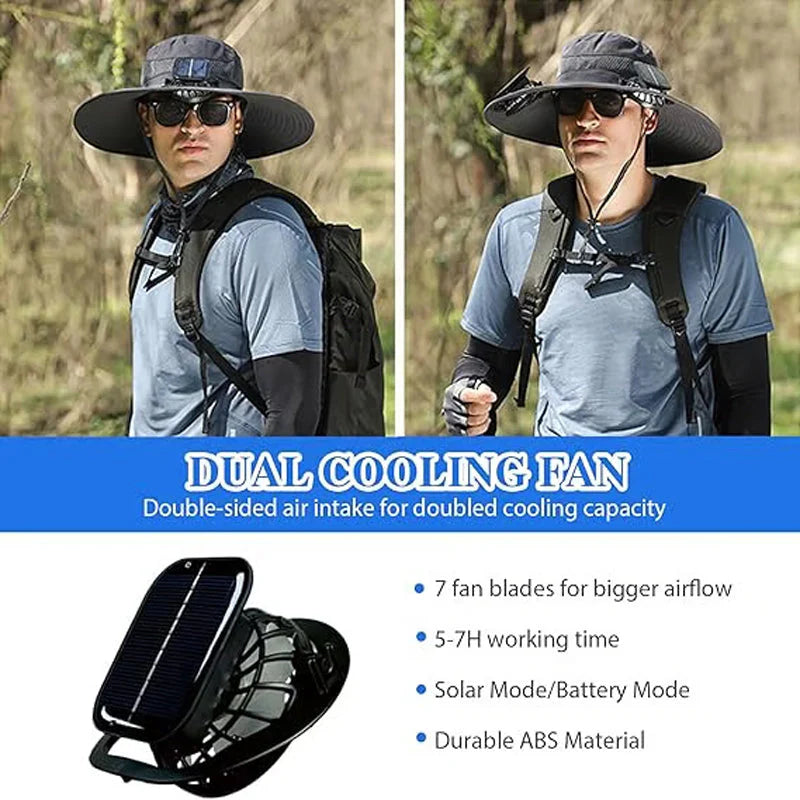 🌬️ 🌞Solárne napájaný slnečný klobúk s dvojitým ventilátorom｜Chladiaci vonkajší slnečný klobúk s dvojitým napájaním cez USB⛱️