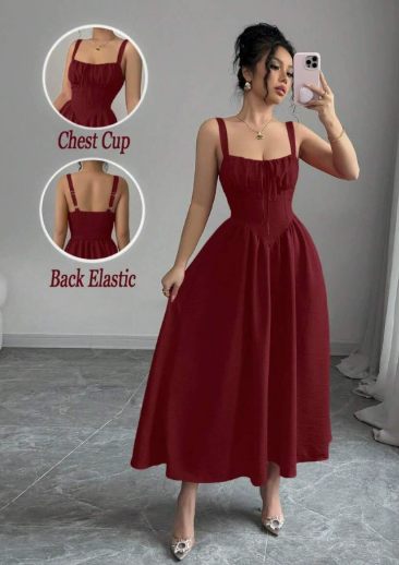 ✨Časovo obmedzená zľava 50%👗 Midi šaty s hranatým výstrihom a skladaným strihom, vysoký pás a zoštíhľujúca áčková sukňa
