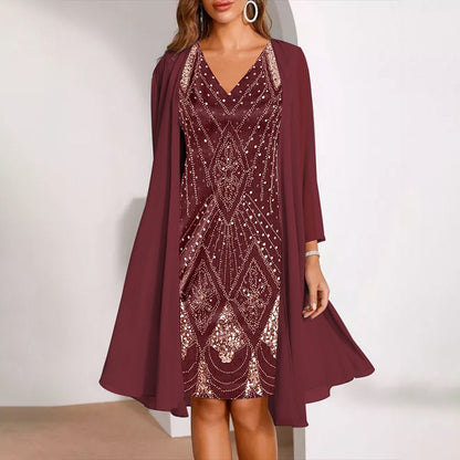 👗Dvojdielna súprava šifónových šiat s výstrihom do V a dlhého kardiganu, priedušná, lichotivá, dostupná vo viacerých veľkostiach, elegantné dámske oblečenie💐🩰
