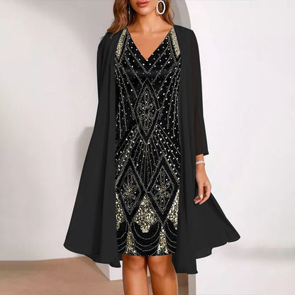 👗Dvojdielna súprava šifónových šiat s výstrihom do V a dlhého kardiganu, priedušná, lichotivá, dostupná vo viacerých veľkostiach, elegantné dámske oblečenie💐🩰