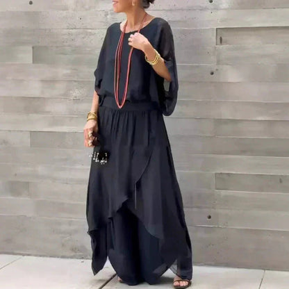 👗voľný top a nohavice s rozparkom a širokými nohavicami