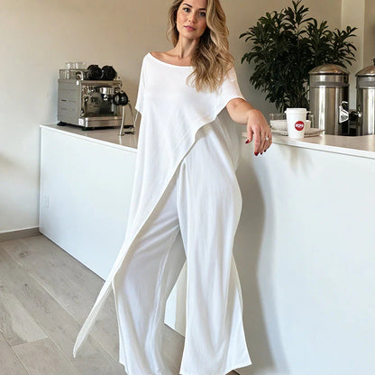 👗Jednofarebný top a nohavice s odhalenými ramenami