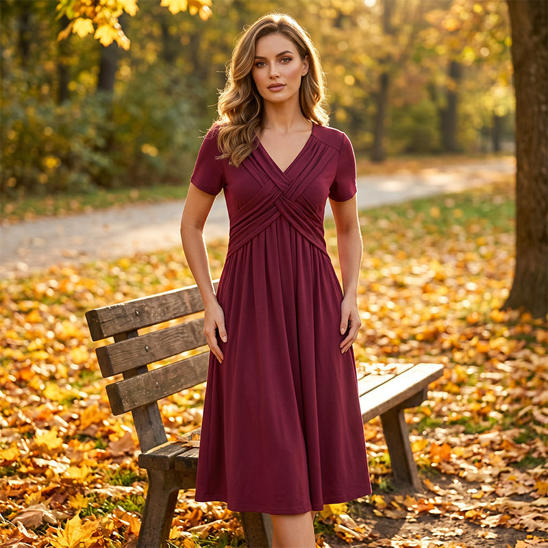 💃✨Midi sukňa s výstrihom do V, skladaná, vysoká elasticita, sťahujúca a zoštíhľujúca, elegantná dlhá sukňa