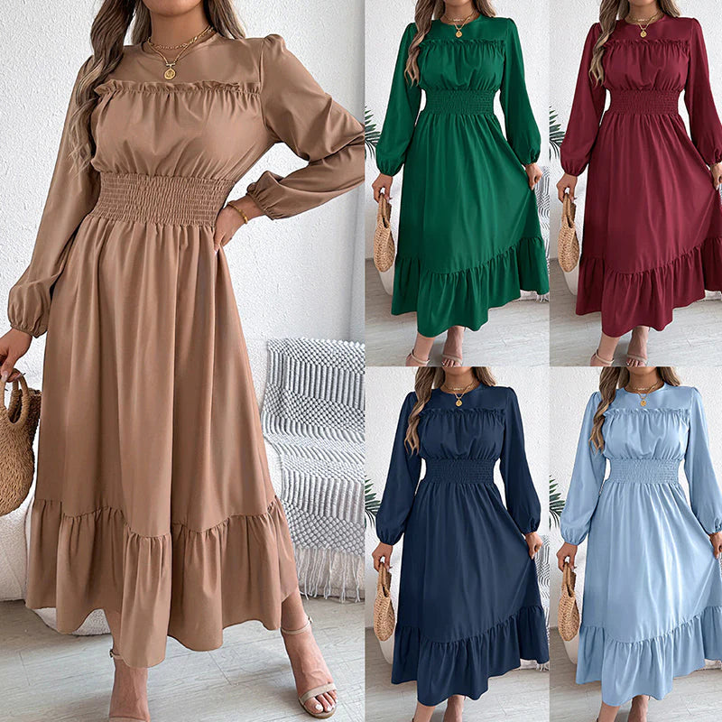 👗Dámske maxi šaty s dlhými rukávmi, volánikmi a stahovaním