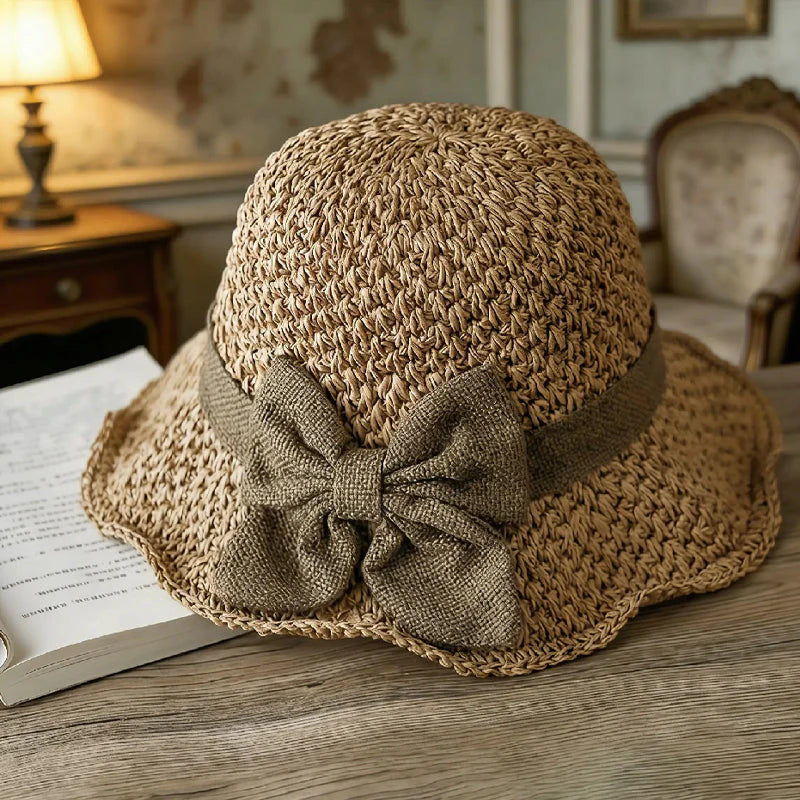 🏖️👒Elegantný pletený slamenný klobúk s mašľou