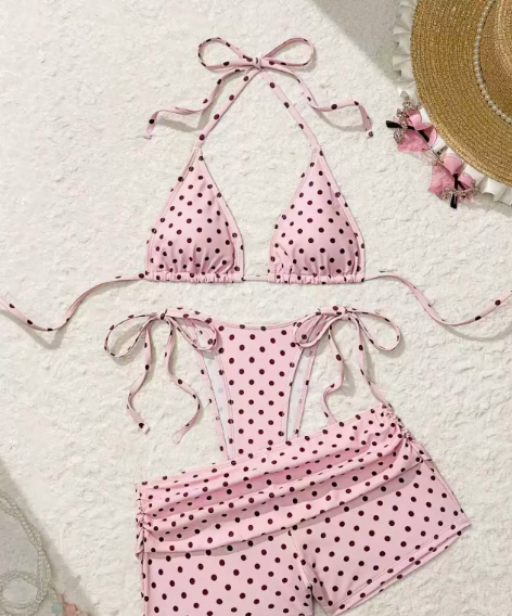 🎀Retro bodkovaná trojdielna plavky｜Nastaviteľný ramienok okolo krku, vysoký pás pre zvýraznenie kriviek🌊