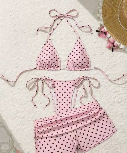 🎀Retro bodkovaná trojdielna plavky｜Nastaviteľný ramienok okolo krku, vysoký pás pre zvýraznenie kriviek🌊