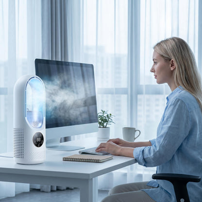 ❄Bezlopatkový rozprašovací stolový ventilátor｜Zvlhčovanie, chladenie, sedemfarebné nočné svetlo, 6-úrovňový širokouhlý model s časovačom🎉