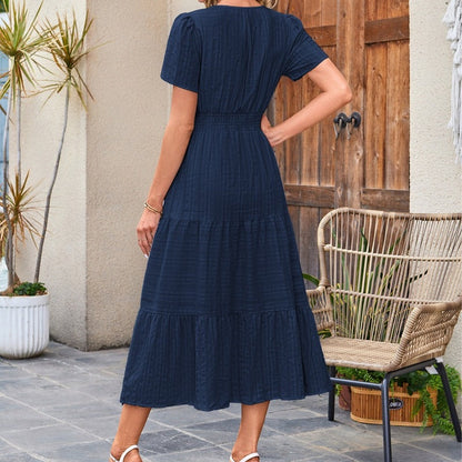 👗Dámske ľahké šaty s krátkym rukávom, výstrihom do V a elastickým pásom