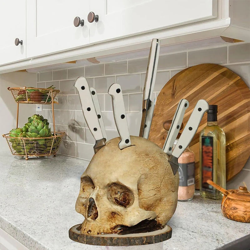 💀Časovo obmedzená zľava 50 %🎃 Držiak na nože v tvare lebky zo živice, personalizovaný organizér na kuchynské nože s halloweenskou tematikou
