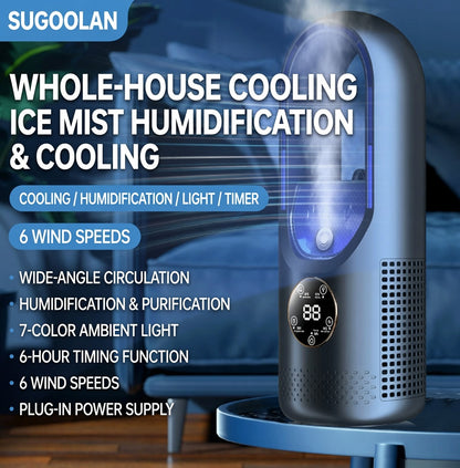 ❄Bezlopatkový rozprašovací stolový ventilátor｜Zvlhčovanie, chladenie, sedemfarebné nočné svetlo, 6-úrovňový širokouhlý model s časovačom🎉