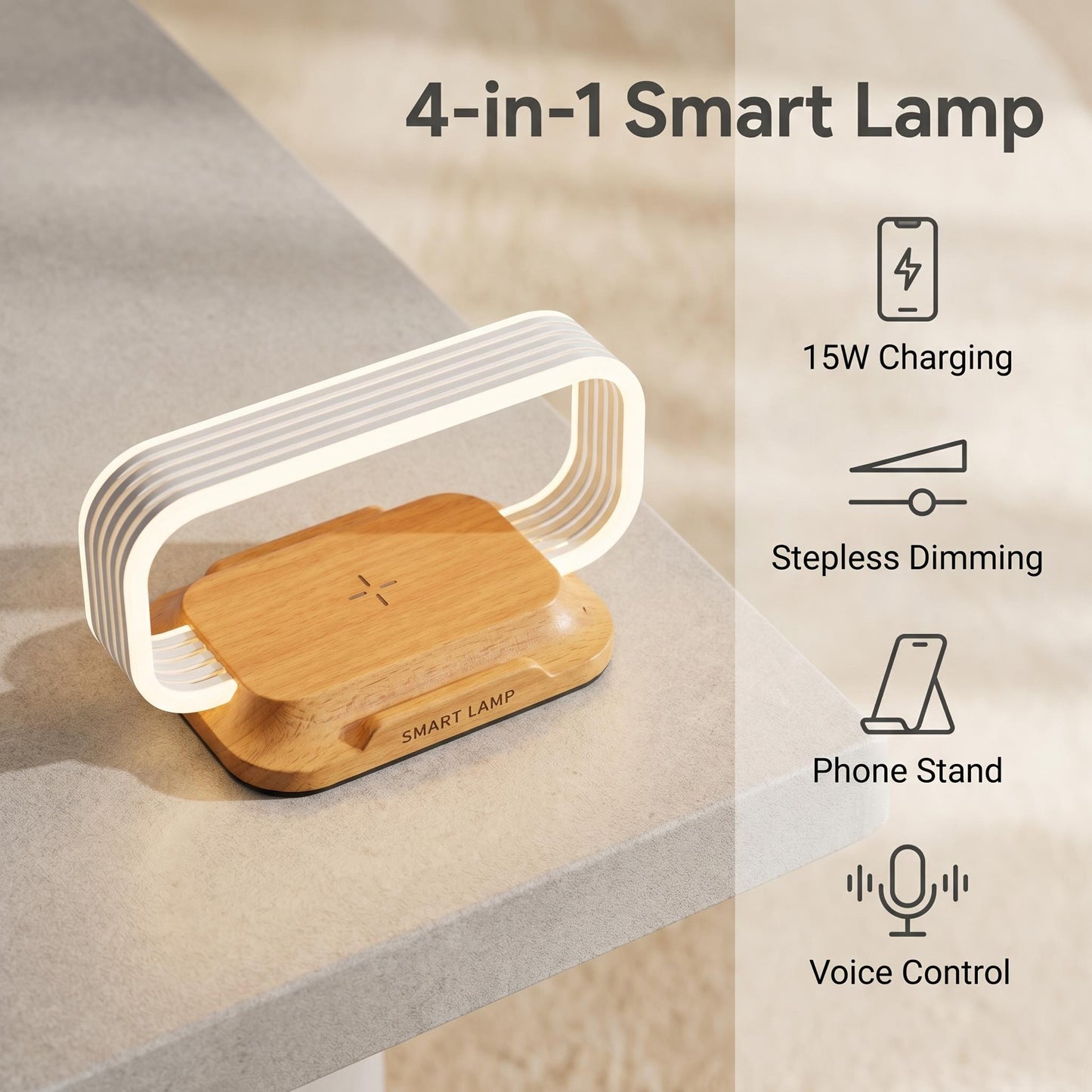 📱Hlasom ovládaná 4-v-1 lampa｜15W bezdrôtové nabíjanie, okolité svetlo pri posteli, ktoré chráni oči🛏️✨