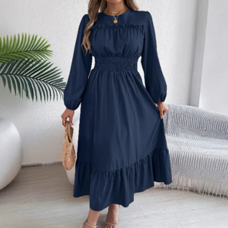 👗Dámske maxi šaty s dlhými rukávmi, volánikmi a stahovaním