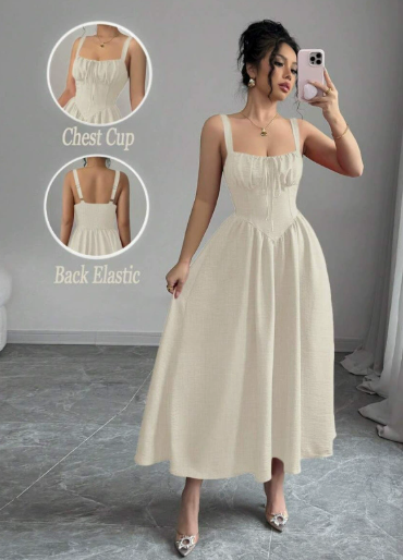 ✨Časovo obmedzená zľava 50%👗 Midi šaty s hranatým výstrihom a skladaným strihom, vysoký pás a zoštíhľujúca áčková sukňa