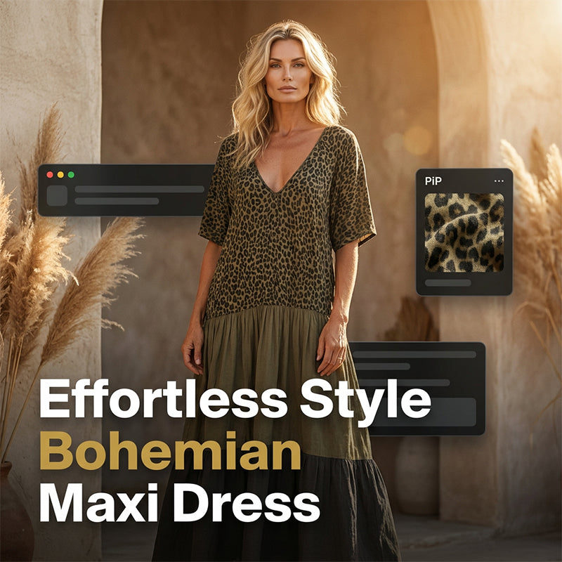 🌿Bohemian Tiered Maxi Dress 🐆 Leopard Splicing V-Neck Holiday Dress