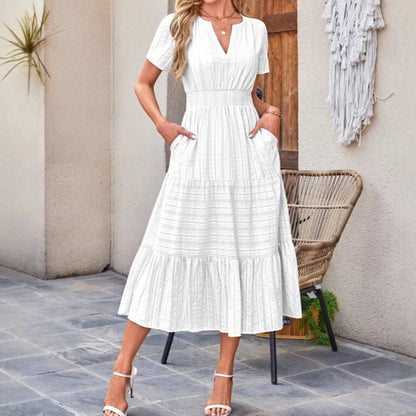👗Dámske ľahké šaty s krátkym rukávom, výstrihom do V a elastickým pásom