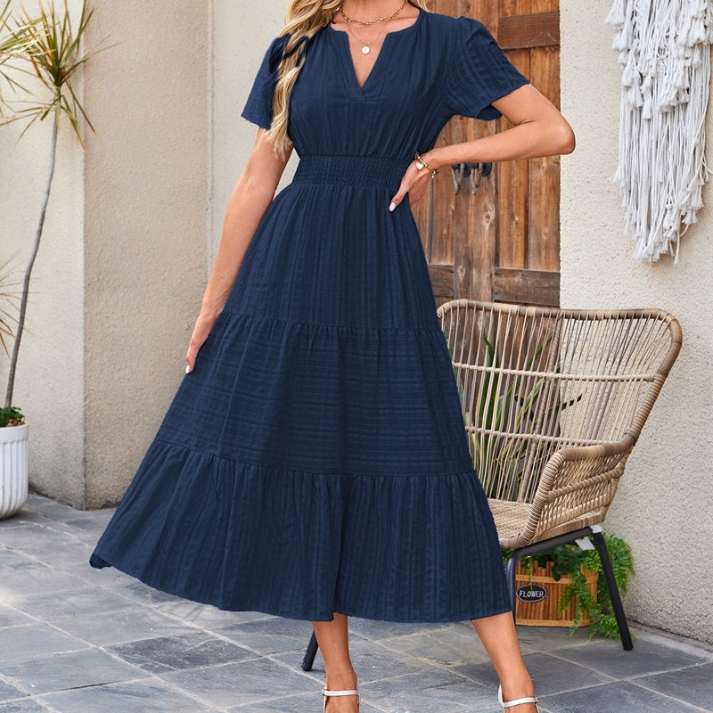 👗Dámske ľahké šaty s krátkym rukávom, výstrihom do V a elastickým pásom