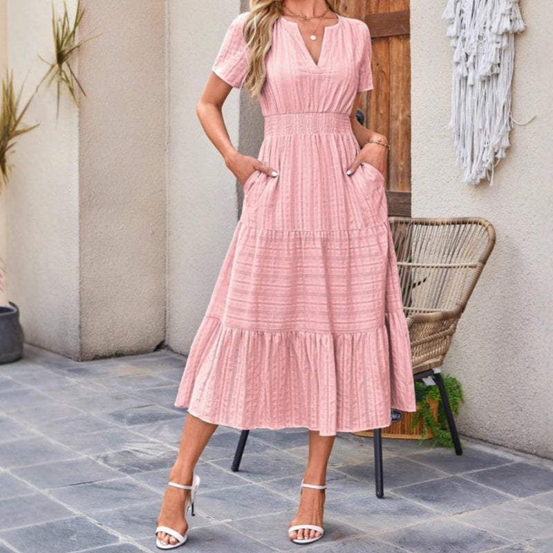 👗Dámske ľahké šaty s krátkym rukávom, výstrihom do V a elastickým pásom