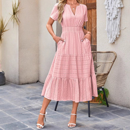 👗Dámske ľahké šaty s krátkym rukávom, výstrihom do V a elastickým pásom