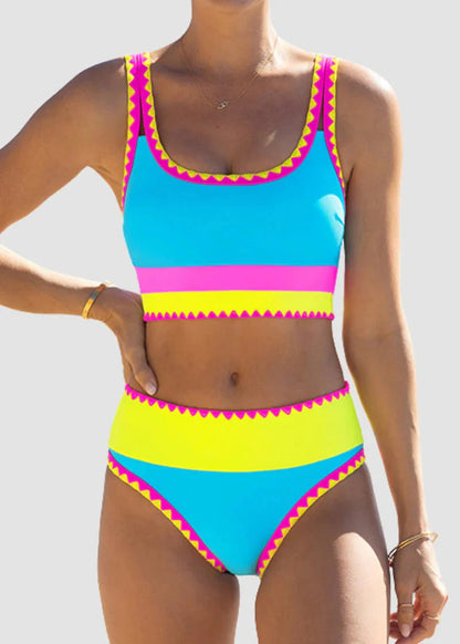 🔥🎁Novinka: 50 % ZĽAVA🔥🌼 Trojdielne športové bikiny z nylonu s farebnými blokmi – vysoký pás so zoštíhľujúcim efektom na brucho 👙