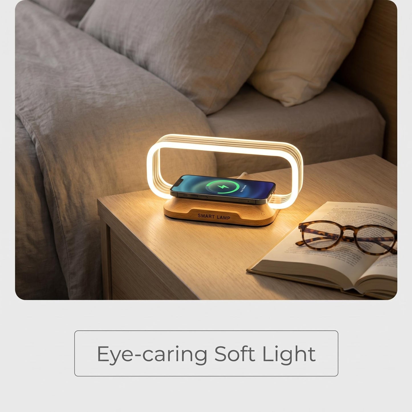 📱Hlasom ovládaná 4-v-1 lampa｜15W bezdrôtové nabíjanie, okolité svetlo pri posteli, ktoré chráni oči🛏️✨