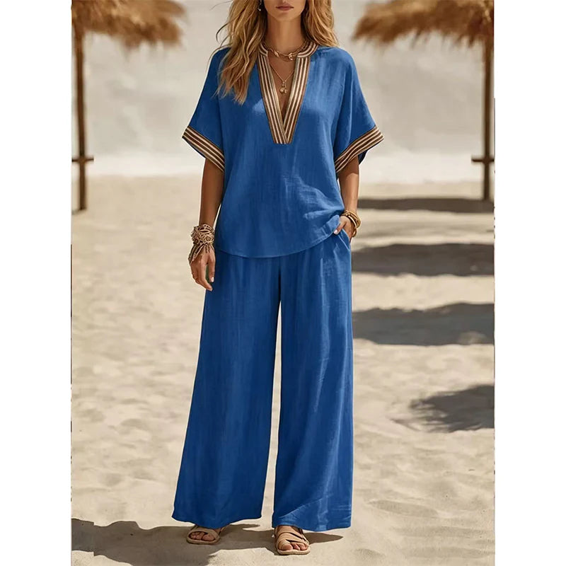 👚Časno omejen 50 % popust✨Dvodelni komplet iz top z V-izrezom in širokih hlačnic – minimalističen in prefinjen kos oblačila za delo