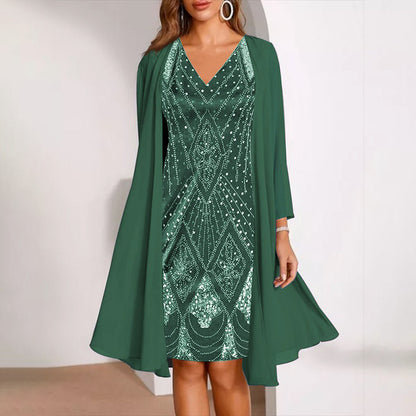 👗Dvojdielna súprava šifónových šiat s výstrihom do V a dlhého kardiganu, priedušná, lichotivá, dostupná vo viacerých veľkostiach, elegantné dámske oblečenie💐🩰