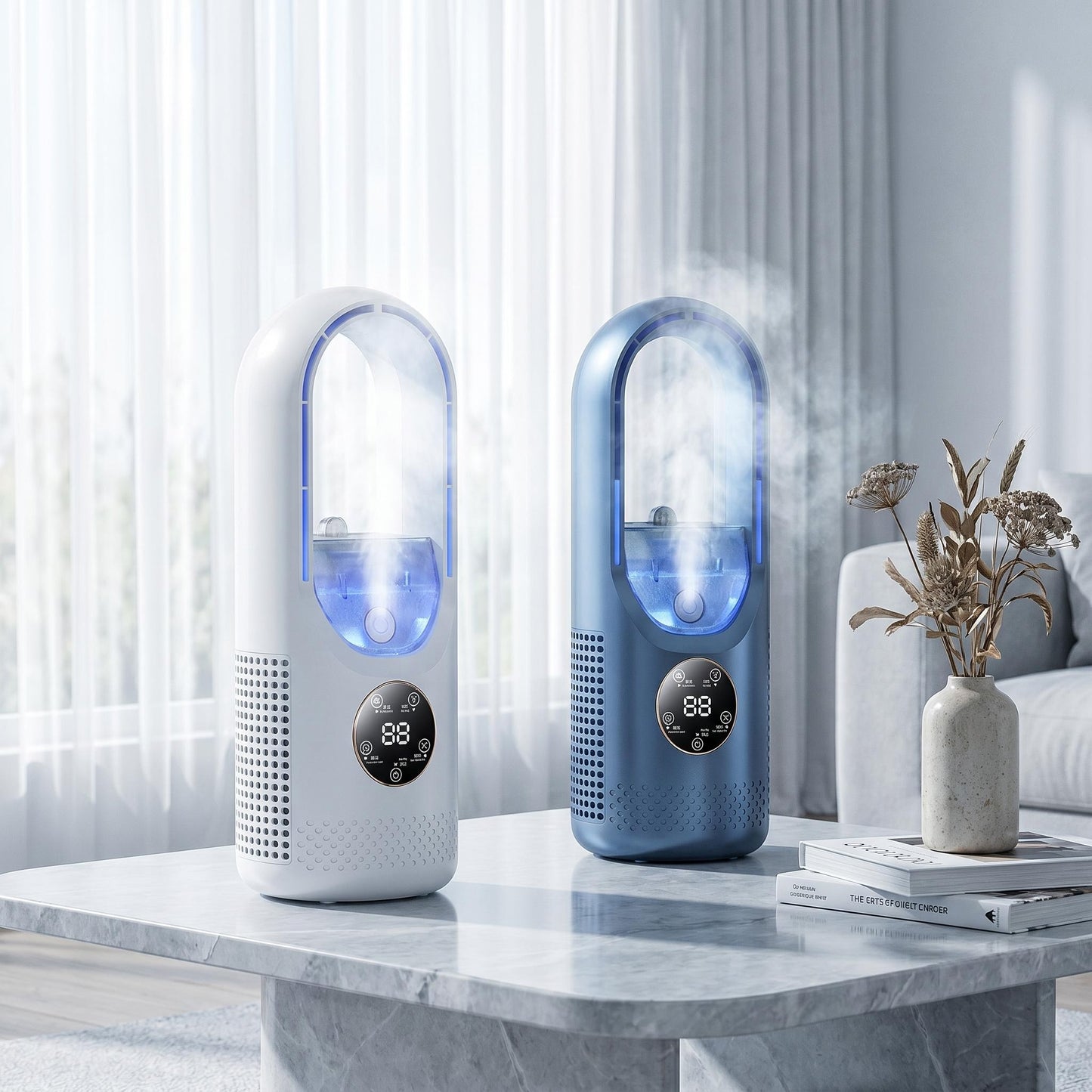 ❄Bezlopatkový rozprašovací stolový ventilátor｜Zvlhčovanie, chladenie, sedemfarebné nočné svetlo, 6-úrovňový širokouhlý model s časovačom🎉