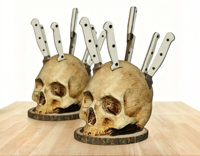 💀Časovo obmedzená zľava 50 %🎃 Držiak na nože v tvare lebky zo živice, personalizovaný organizér na kuchynské nože s halloweenskou tematikou