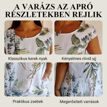 🌼Dámske bavlnené a ľanové šaty s okrúhlym výstrihom a potlačou