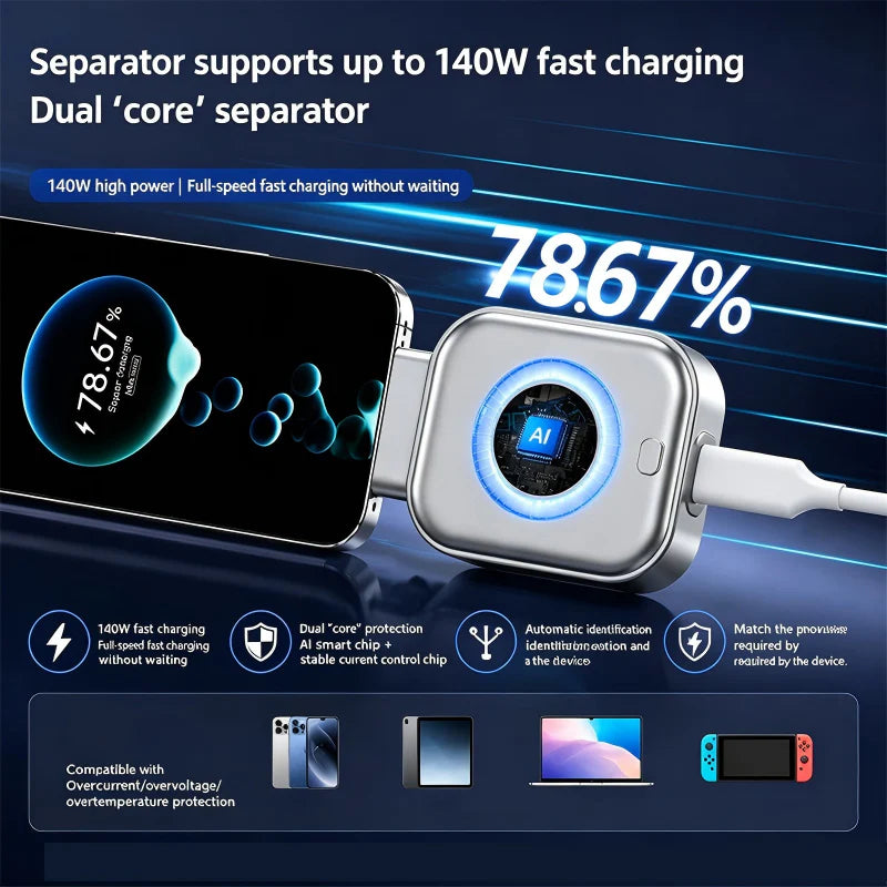⚡🛡️140W Smart Auto Cut-off Fast Charger | AI Full-Charge Auto Power Off, Universal Type-C Plug & Play, Save €34