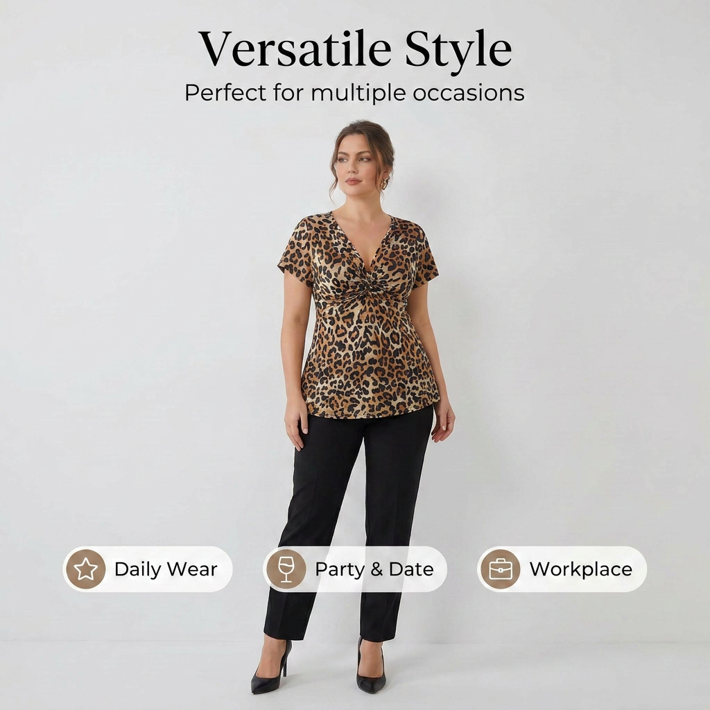 👗Dámske tričko s výstrihom do V, prekrížené vpredu, s leopardovým vzorom💃