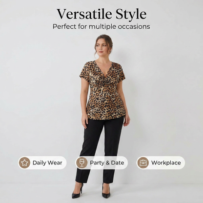 👗Dámske tričko s výstrihom do V, prekrížené vpredu, s leopardovým vzorom💃