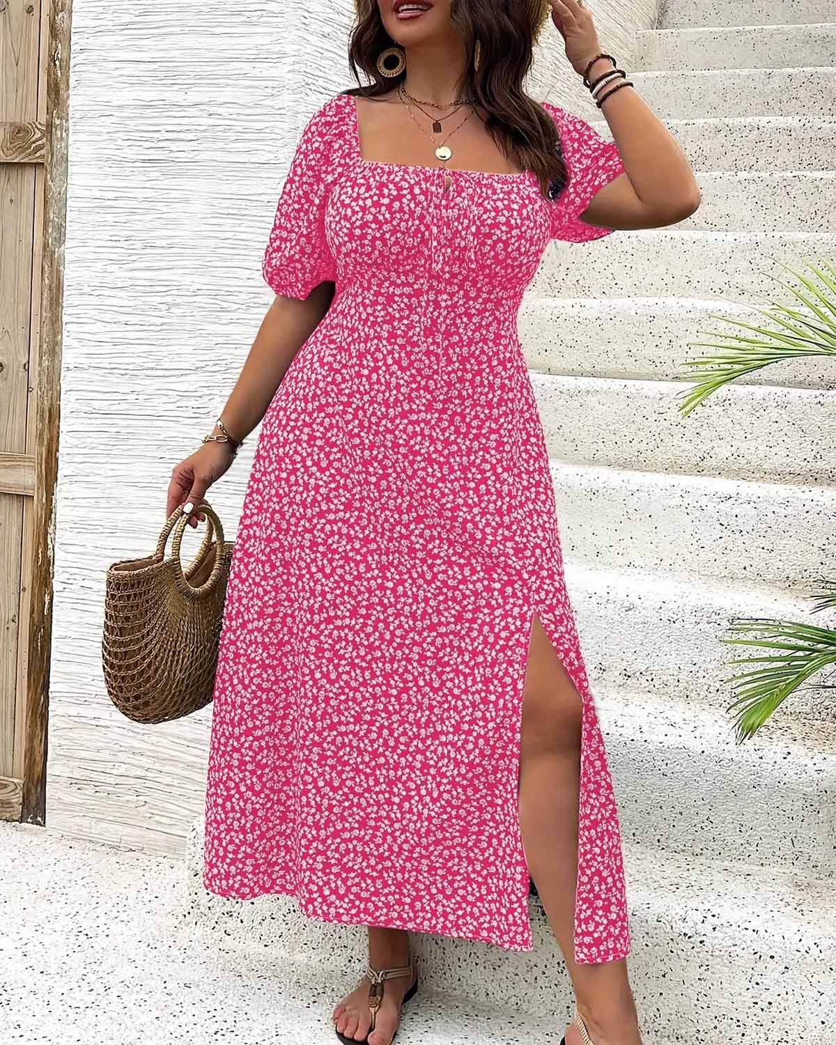 Maxi šaty vo veľkosti Plus Size s rozparkom a kvetinovým potlačou v štýle boho